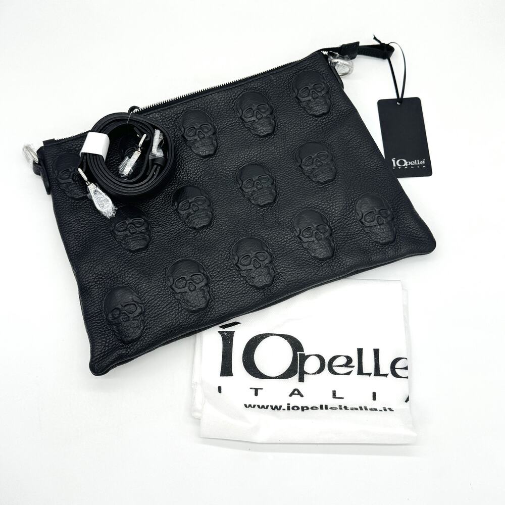 IO PELLE Black Leather Skulls Crossbody Purse Bag Pouch Halloween Italy NEW
